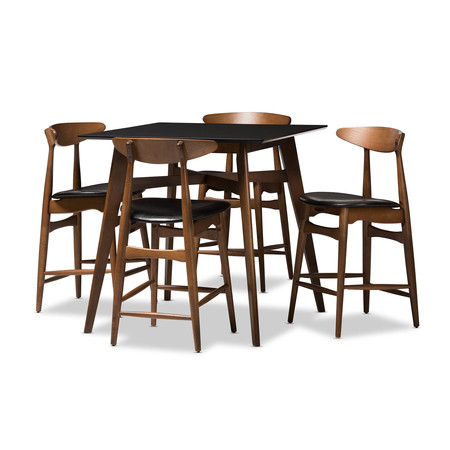 BAXTON STUDIO Flora Black Faux-Leather Upholstered Walnut Finished 5-Piece Pub Set 145-8073-8072